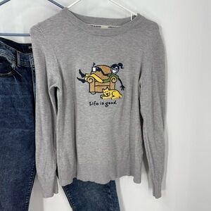 Life is Good Gray novelty print Sweater with dog and human XS